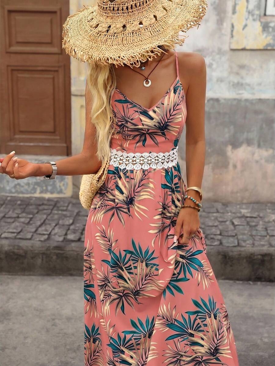 Brillora Women's Tropical Plant Print Lace Patchwork Slip Dress,Dresses For Women Summer - Coral Pink - View 1
