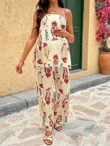 SHEIN Maternity Casual Fish Print Camisole And Pants 2 Pieces Set - Multicolor - View 8