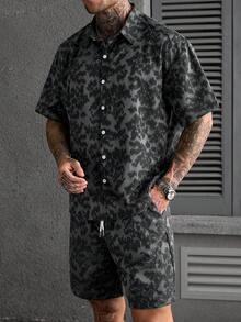 SLATEMANN 男士印花短袖单排扣衬衫和短裤套装 - 深灰色 - 查看 7