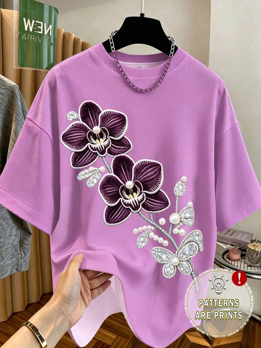 EMERY ROSE 花卉珍珠印花圆领短袖休闲加大码T恤 - 彩色 - 查看 1