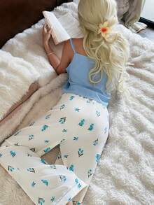 CottageSlumber Women's Solid Color Camisole Top And All-Over Print Lounge Pants Casual Pajama Set - Baby Blue - View 2