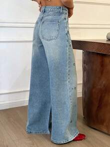 DAZY Women's Regular Waist Rhinestone Embellished Loose Straight Leg Casual Jeans - Medium Wash - View 6