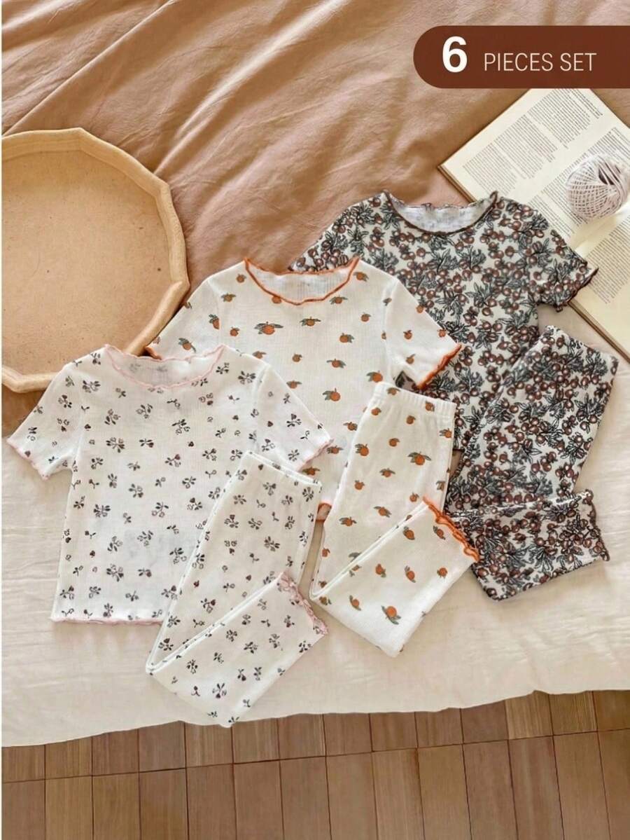 SHEIN LMoss Kids 女婴可爱卡通熊和花卉印花荷叶边圆领短袖上衣和裤子六件套休闲舒适针织睡衣套装 - 彩色 - 查看 1