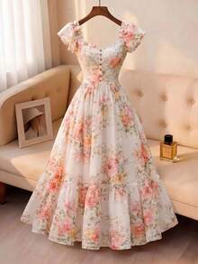 SHEIN Franclia 2026新款粉色碎花连衣裙，短袖方领伞裙，收腰设计，百搭沙滩度假休闲通勤女装 - 彩色 - 查看 7