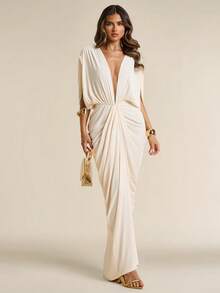 SHEIN BAE Đầm ôm sát người màu mơ nhạt, cổ chữ V sâu, xếp ly, thanh lịch dành cho nữ, đầm màu mơ, đầm đi nghỉ mát, đầm gợi cảm, đầm dự tiệc. - Màu be - Xem 1