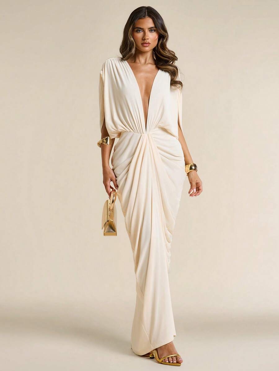 SHEIN BAE Đầm ôm sát người màu mơ nhạt, cổ chữ V sâu, xếp ly, thanh lịch dành cho nữ, đầm màu mơ, đầm đi nghỉ mát, đầm gợi cảm, đầm dự tiệc. - Màu be - Xem 1