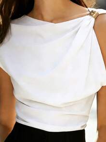 Balvessa Spring/Summer New Design Twist Metal Buckle Fitted Blouse, Elegant French Style Commuter Shirt For Women - White - View 6