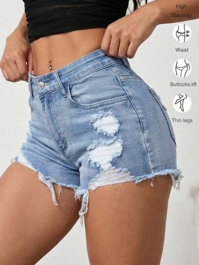 Shorts Vaqueros Rasgados Para Mujer, Pantalones cortos vaqueros elásticos casuales que combinan con todo para mujer, Shorts de mezclilla desgastados para mujer con dobladillo enrollado y bolsillos, informales y perfectos para el uso diario o para viajar, Jeans