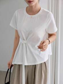 Dazy-Less Camiseta blanca holgada con lazo en la cintura para uso diario - Blanco - Ver 5