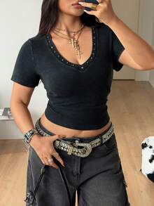 Coolane 女士加大码春夏街头风复古水洗做旧星形铆钉V领抹胸T恤 - 黑色 - 查看 6