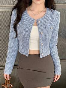 DAZY Plaid Pattern Short Round Neckline Open Front Long Sleeves Jacket - Blue - View 8