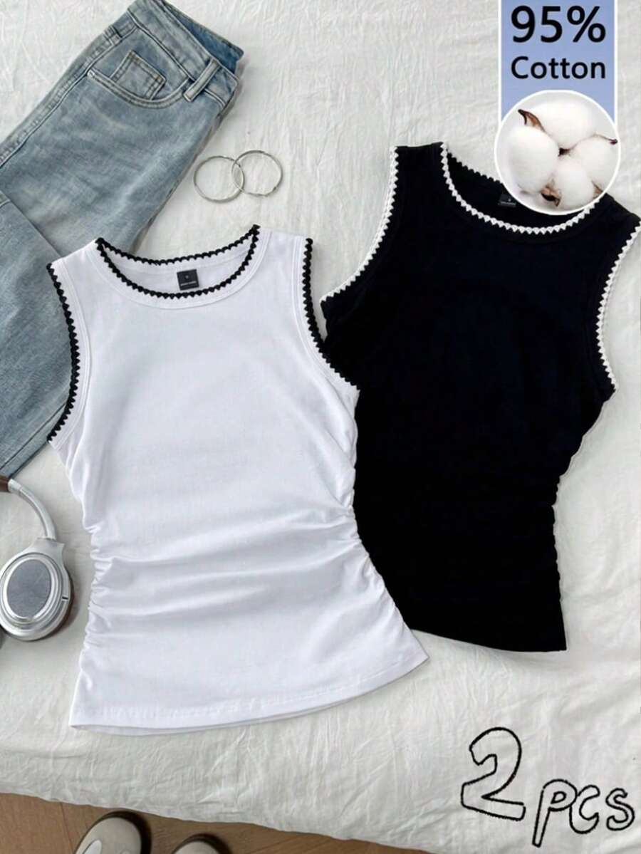 Tseoso 2pcs Women's Crew Neck Tight-Fitting Contrast Color Shell Flower Print Camisole,Summer Top - Multicolor - View 1