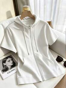 Franclia Sweatshirt Wanita Kasual Sehari-hari Minimalis Warna Polos Lengan Pendek dengan Resleting dan Tali Serut - Putih - View 4