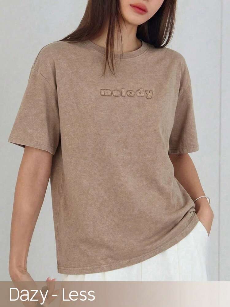 Women's Loose Tie-Dye Tie Dye Khaki Round Neck Letter Print T-Shirt, Spring & Summer
