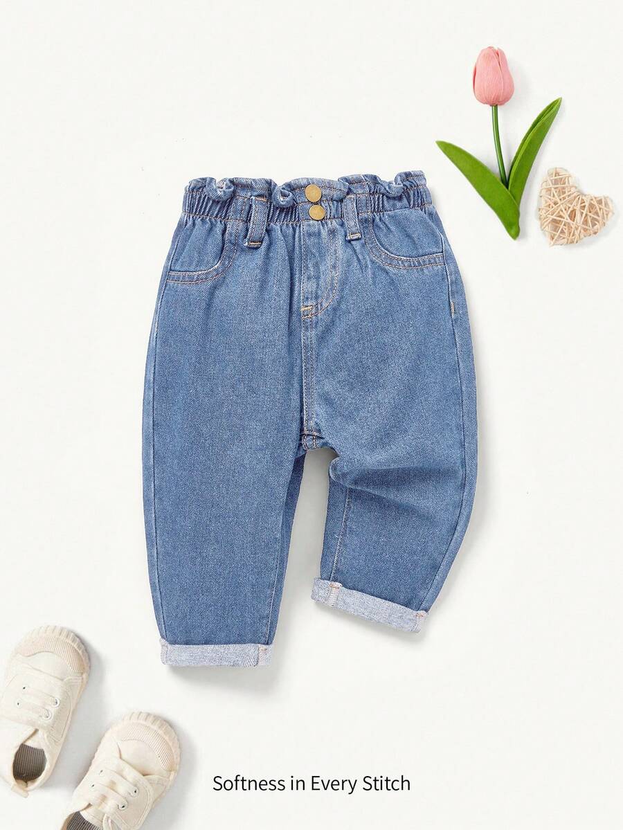 Cozy Pixies Celana Jeans Denim Lembut Longgar Model Boho Musim Panas untuk Bayi Perempuan dengan Pinggang Berkerut dan Ujung Bawah yang Digulung - Light Wash - View 1