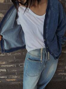 DAZY Women's Fashion Minimalist Button-Up Long Sleeve Denim Jacket - Blue - View 3