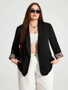 Enliva Blazer de leopardo negro de talla grande para mujeres con empalme de puños, elegante atuendo diario para la oficina y el trabajo - Negro - Ver 2