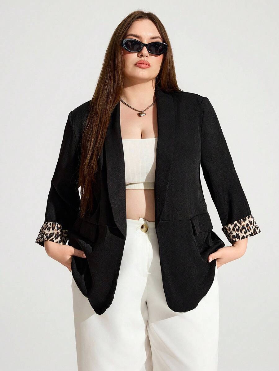Enliva Blazer de leopardo negro de talla grande para mujeres con empalme de puños, elegante atuendo diario para la oficina y el trabajo
