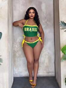 Slaydiva Plus Size Women's Patchwork Ruched Halter Tankini Top And Triangle Bottoms Swimwear Set, Suitable For Summer Vacation And Beach - Green - View 3