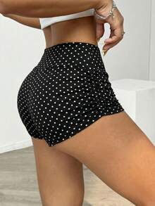 SHEIN PETITE CURVE Plus Size Women's Black And White Polka Dot Cycling Shorts,Summer Elegant 1920s Flapper Retro Pleated Gym Yoga Sports Shorts,Waist Cinching Pants - Black - View 7