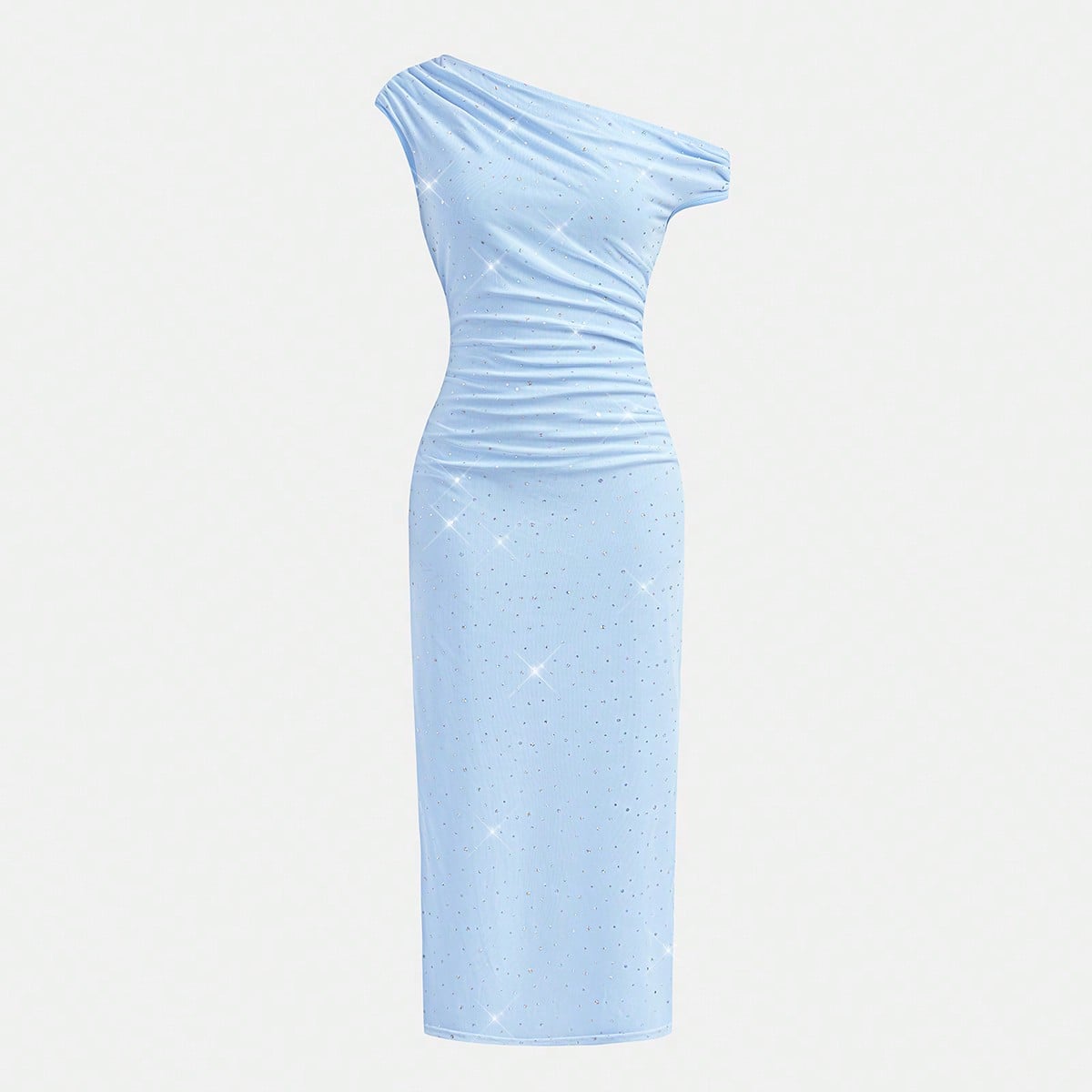 Vestido asimétrico de cuello elegante con malla azul, elástico, decoración de lentejuelas para niñas y adolescentes, adecuado para boda, niña de