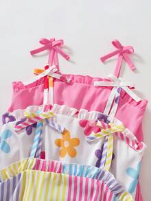SHEIN Genkimix Kids 3件組女童連身褲，純色 + 多色條紋 + 花卉數位印花，適合夏季日常穿著 - 彩色 - 查看 4