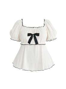 ROMWE Plus Size Women Summer Bow Tie Petal Sleeve Ruffle Textured Apricot Blouse - Apricot - View 1
