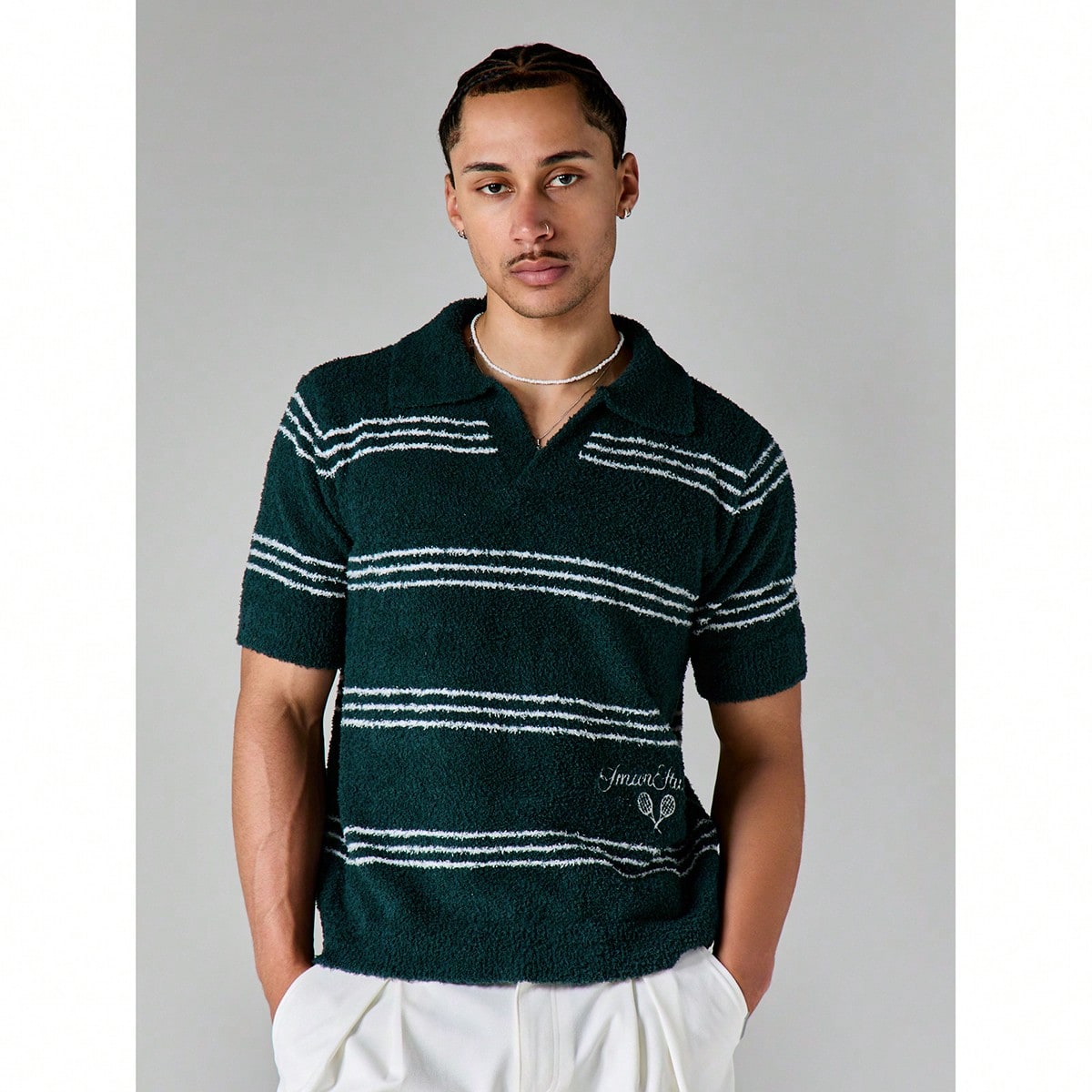 Top de punto polo de boucle a rayas con cuello abierto y mangas cortas, de corte boxy, para uso casual en verano