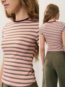 Women's Casual Striped Round Neck Short Sleeve T-Shirt, Summer - Pink - View 1