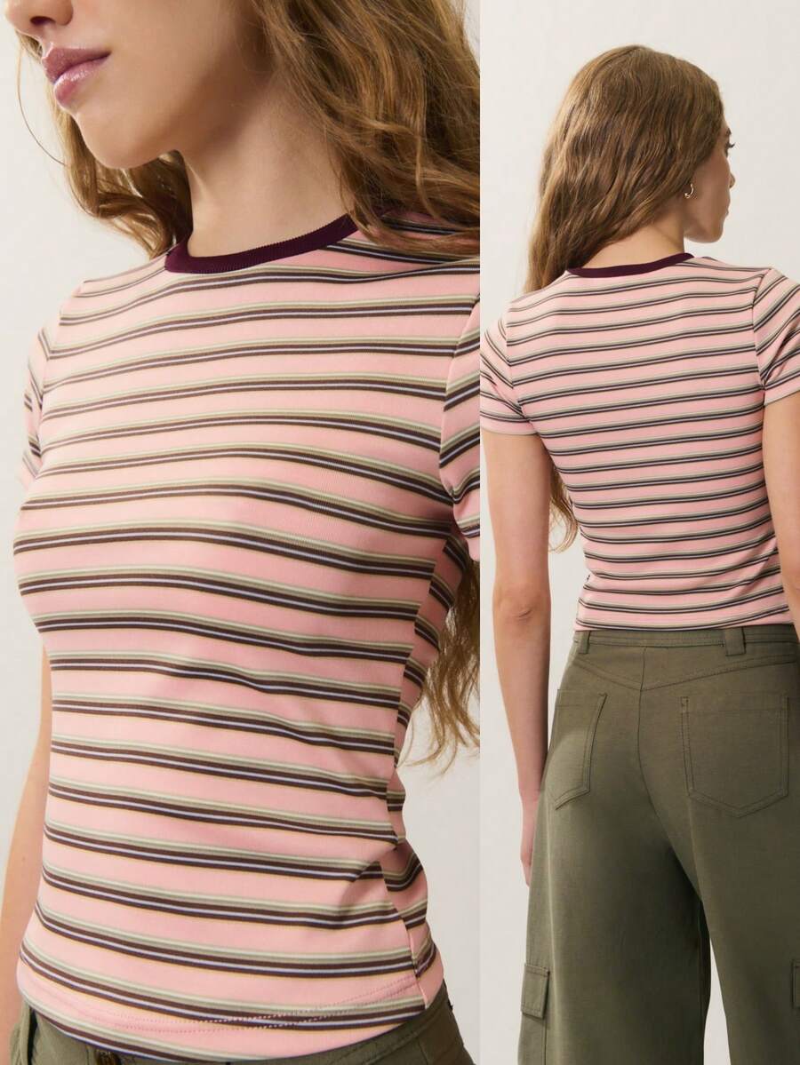 Women's Casual Striped Round Neck Short Sleeve T-Shirt, Summer - Pink - View 1