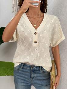 Balvessa Camiseta feminina casual com decote em V, manga curta e botões. - Damasco - Ver 3