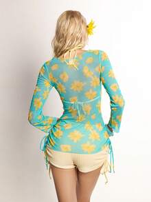 ROMWE Avant 26SS Spring/Summer Sexy Tropical Bikini Triangle Cup Briefs With Floral Cover-Up 3 PiecesSwimwear Set Vacation Turquoise Yellow - Multicolor - View 2