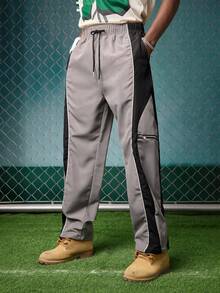 EVRINFINITE Vintage Color Block Cargo Pants, Men's Loose Casual Straight Leg Sweatpants, Streetwear, Spring & Autumn - Light Grey - View 7