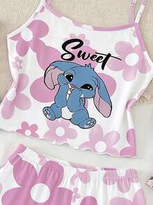 4pcs/2sets Girls Cute Rabbit Print Camisole & Shorts Casual Comfortable Homewear Set, Suitable For Indoor & Outdoor Wear, Fashionable & Elegant - Multicolor - View 3