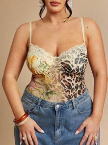 SHEIN BAE 大码女式撞色蕾丝豹纹连体衣 - 彩色 - 查看 5