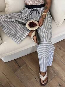 DAZY Contrast Striped Waistband 2 In 1 Drawstring Loose Wide Leg Pants, Casual Vacation Autumn Women Trousers Vacation Blue And White Striped - Blue - View 5