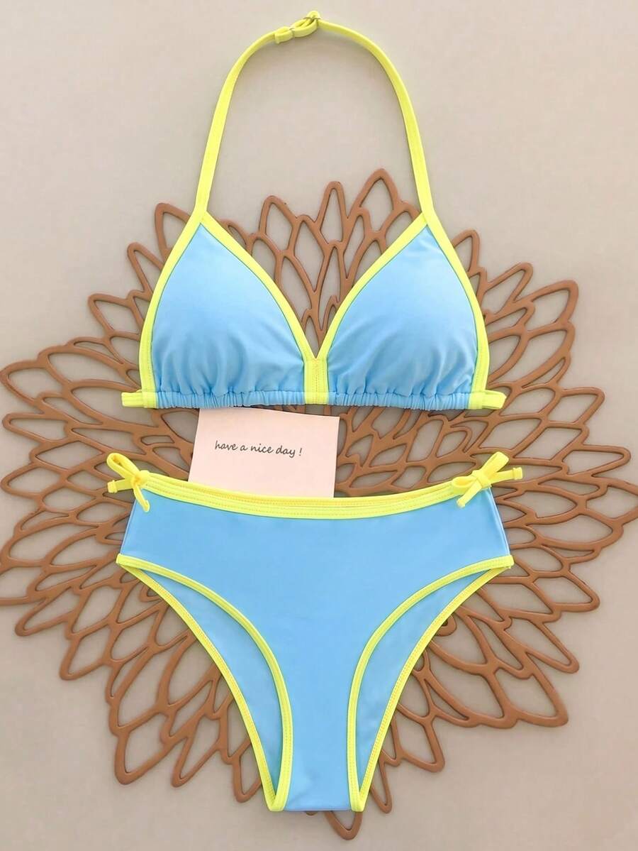 SHEIN Bộ bikini hai mảnh phối màu tương phản dành cho bé gái tuổi teen, thích hợp cho kỳ nghỉ hè ở bãi biển. - Màu xanh nhạt - Xem 1