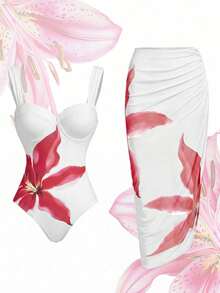 Swim Oasis Plus Size Baju Renang One-Piece Wanita Bermotif dengan Tali Bahu Tipis dan Rok Pantai, Cocok untuk Liburan Pantai Musim Panas - MultiWarna - View 1