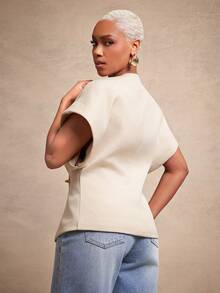 Vixey Solid Textured Woven Asymmetrical Hem Single Button Waistcoat Top - Apricot - View 2
