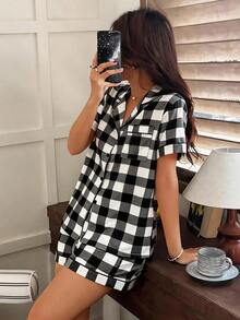 Napfluff Conjunto de pijama con estampado de cuadros en el cuello - Blanco y Negro - Ver 5