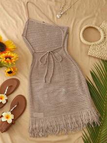 SHEIN Beige Summer Chic Tropical Sexy Vacation Holiday Women's Sparkly Sequin Beach Dress Elegant Glitter Hot Party One Shoulder Mesh Tassel Mini Outfits - Camel - View 2