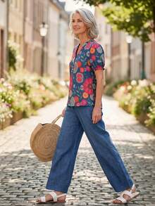 EMERY ROSE Purple Floral Shirt And Solid Color Pants Set For Middle-Aged And Elderly Women Holiday Summer Casual Modest - Multicolor - View 6