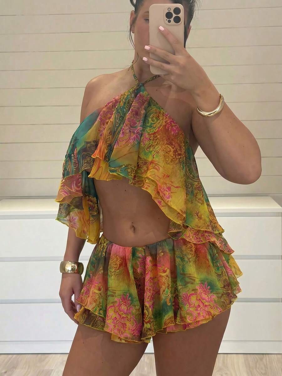 SHEIN BAE 佩斯利印花吊带露背短款上衣和低腰荷叶边半裙套装,性感两件套,适合夏季度假、海滩、音乐节、性感夜店装扮 - 彩色 - 查看 1