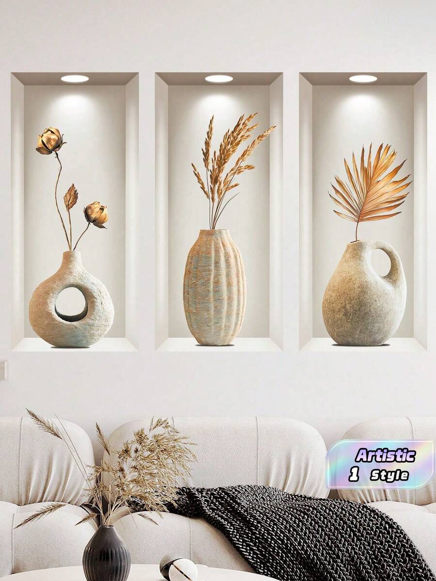1pc (23*48*3pcs) 3D Effect Artistic Triptych Wall Sticker Background Decoration For Living Room Entrance Valentine's Day, Valentines Wedding, Birthday - Multicolor - View 1