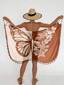 Swim Lushoire Áo khoác kimono nữ in họa tiết hoa và bướm phối màu. - Màu Khaki - Xem 2