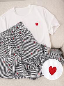 SHEIN Bộ trang phục thường ngày dành cho thiếu nữ: Áo thun ngắn tay thêu hình trái tim và quần kẻ sọc. - trắng - Xem 8