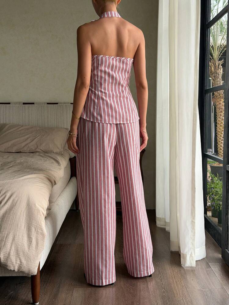 2pcs/Set Women's Round Neck Sleeveless Bow Tie Striped Outfit Lounge Sets For Women Summer