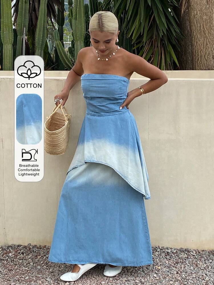 Women's Fashion Washed Tube Top & Denim Skirt 2-Piece Set