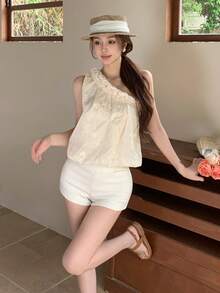 DAZY 女士春夏印花衬衫，不对称肩领设计，休闲度假海滩风，优雅短袖衬衫，Y2K风格 - 白色 - 查看 5