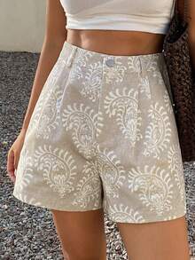 DAZY 100% Cotton Beige Printed Casual Shorts, Suitable For Vacation, Beach, Party, Summer Holiday - Beige - View 7
